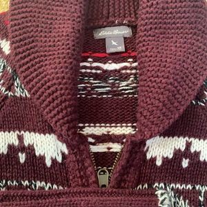 Eddie Bauer Maroon and White Knit Cardigan
